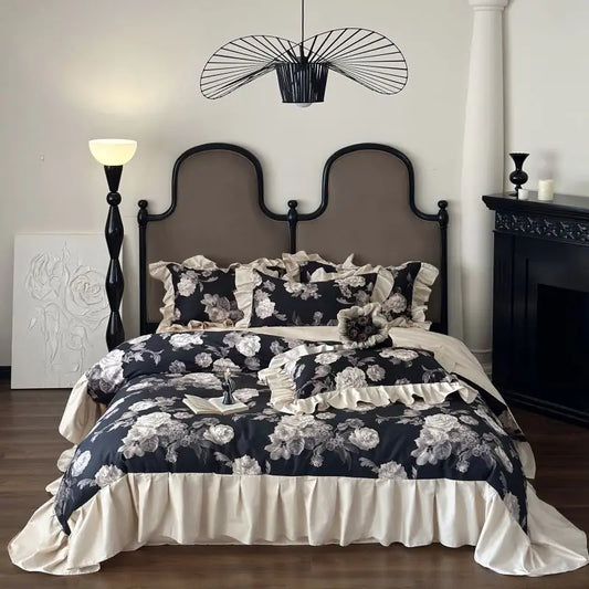 Luxury Egyptian Cotton Bedding Set King Queen Size Digital Floral Printing Ruffle Duvet Cover Bed Sheet Pillowcases Home Textile